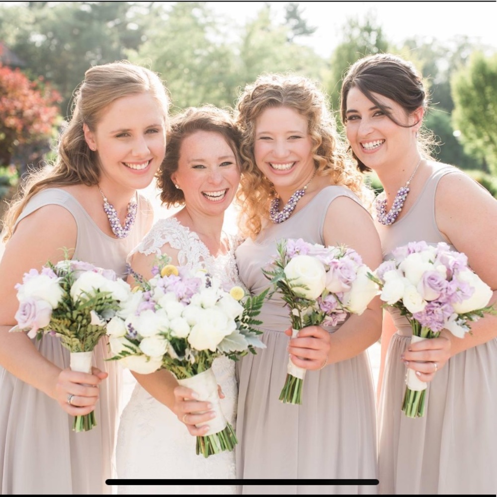 Long light gray bridesmaid dress, illusion neck